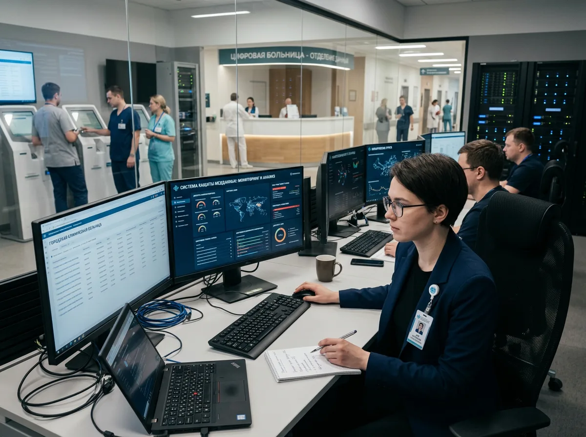 Специалист по информационной безопасности проверяет защиту медицинских данных в цифровой больнице
