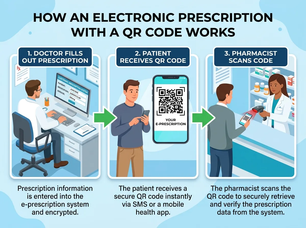 Схема работы электронного рецепта с QR-кодом: врач на компьютере оформляет рецепт, пациент получает QR-код на смартфон, провизор в аптеке сканирует код